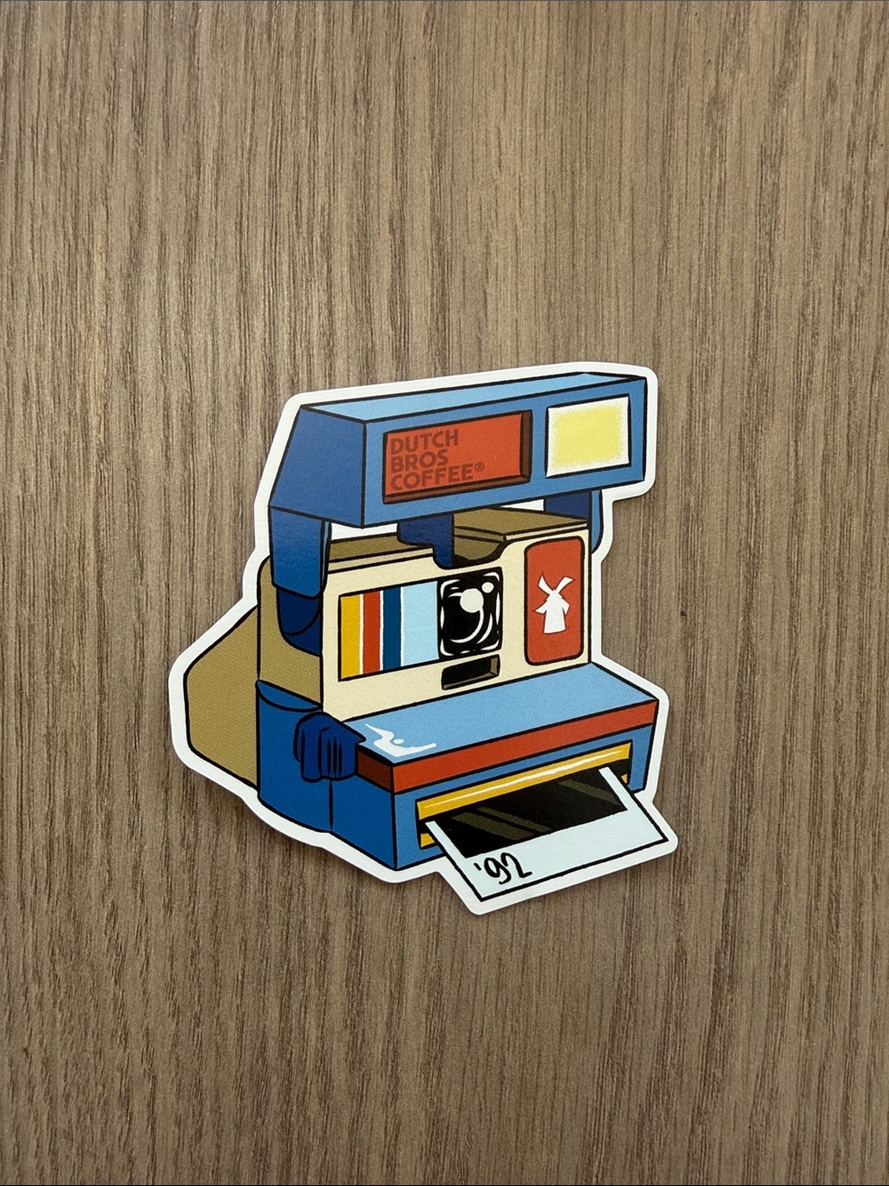 Dutch Bros Retro Camera Sticker in Blue, Red, Yellow, White, Tan